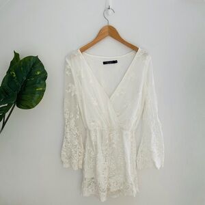 SIMPLEE APPAREL | Romantic Off White Lace Long Sleeve Romper Boho Size Medium